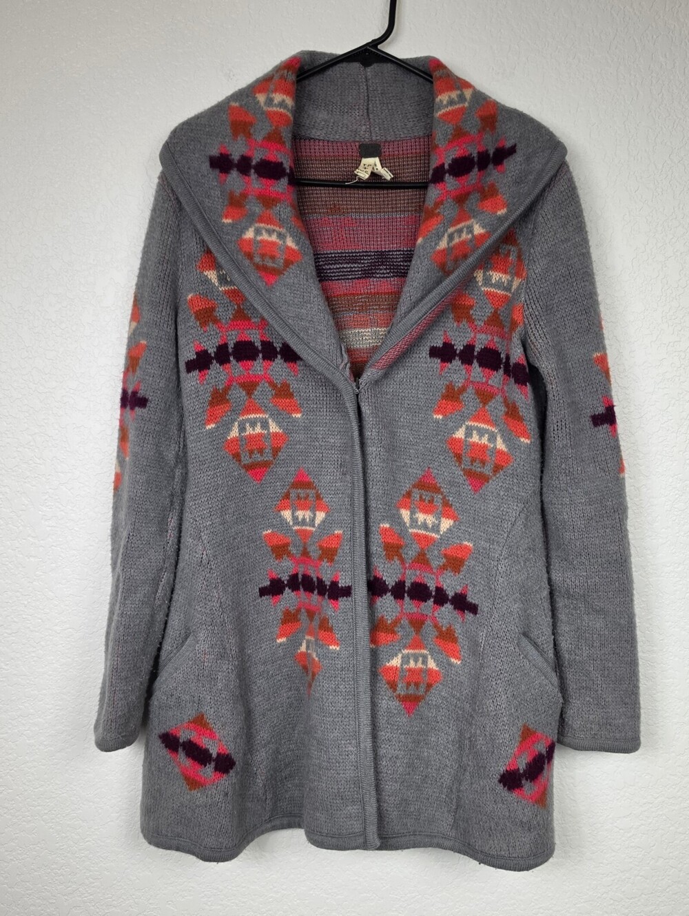Free People Grey Orange Tribal Aztec Cardigan Sweater